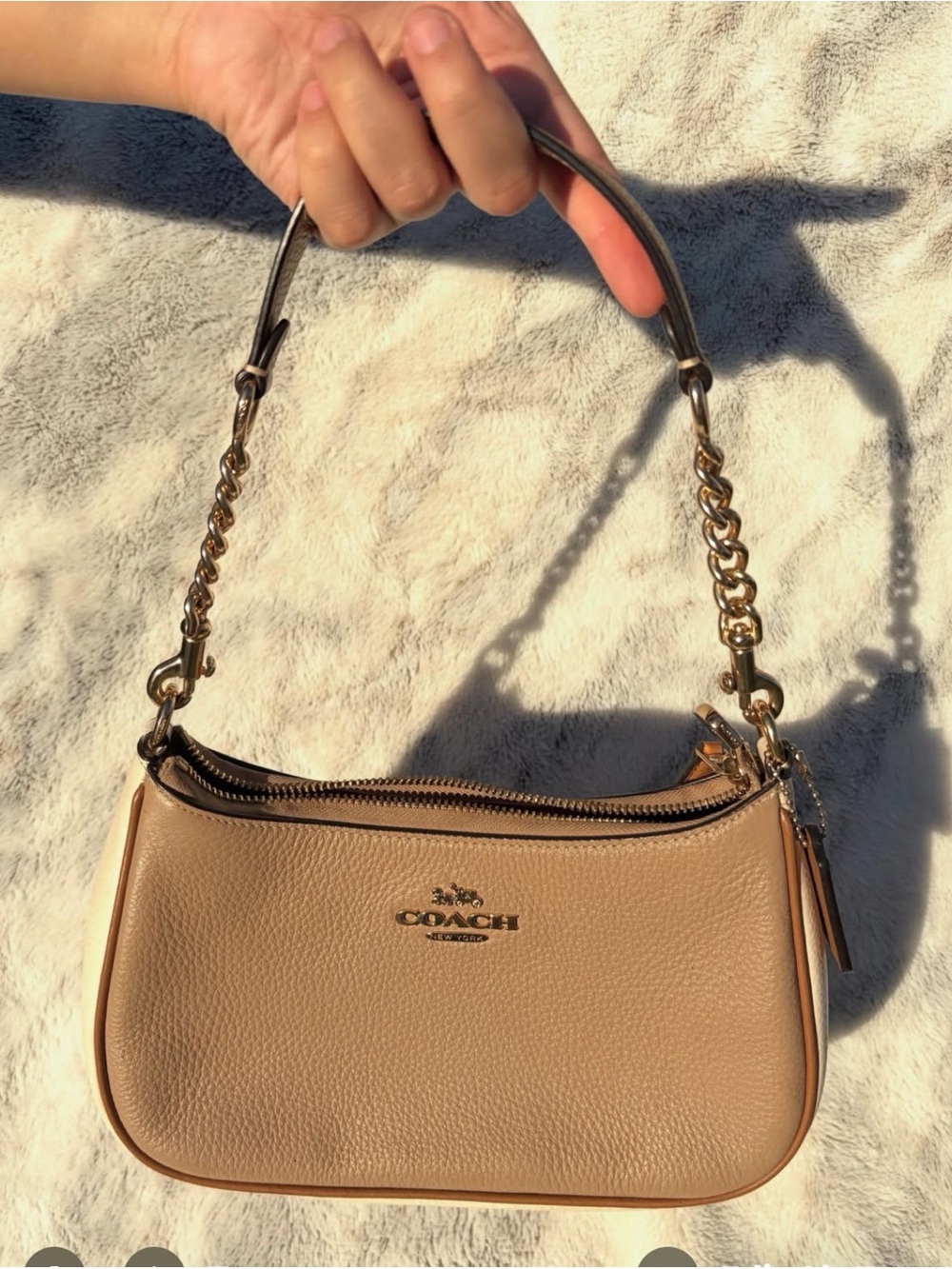 Coach Pebble Leather Shoulder Bag in Taupe with Gold Hardware
